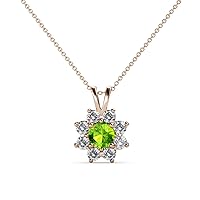 Round Peridot Diamond 5/8 ctw Womens Floral Halo Pendant Necklace 18 Inches Chain 14K Gold