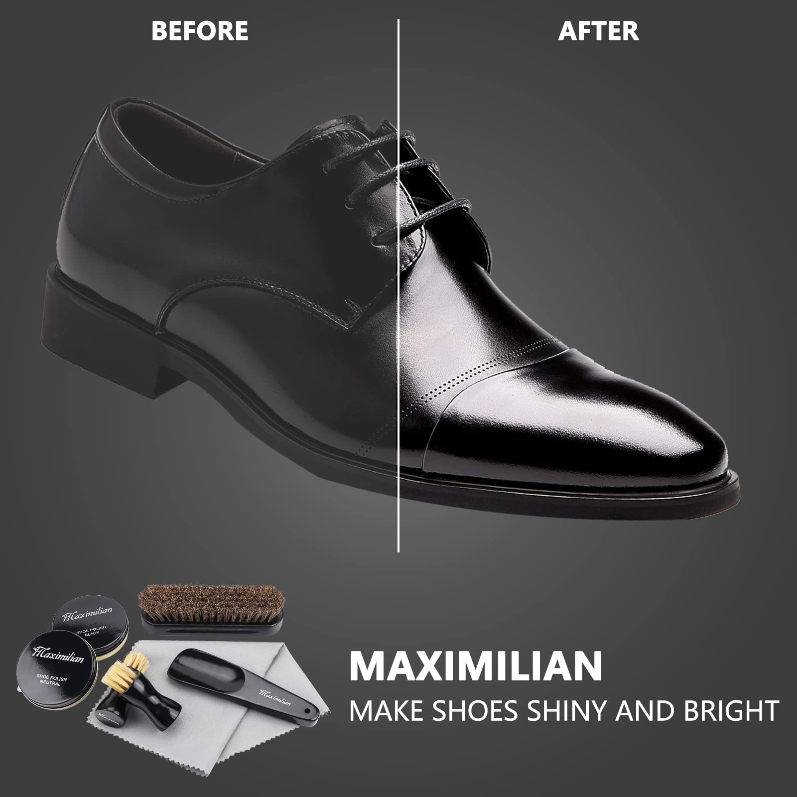 Deluxe Business Leather Shoe Shine Kit | Premium Shoe Polishing Kit Gift  Box. 2 Shoe Polish Applicator Brush, 100% Horsehair Brush, Black & Neutral