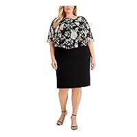 Connected Apparel Womens Black Zippered Floral Short Sleeve Round Neck Knee Length Wear to Work Sheath Dress Plus 20W