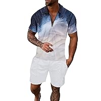 Mens Hawaiian Contrast Colors Shirt and Shorts Set Summer Quarter-Zip Lapel Shirt Stretch Comfortable Outfits