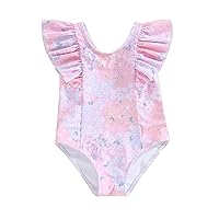 Gueuusu Toddler Baby Girl Summer Swimsuit Flying Sleeve Shell/Flower Print Frill Trim Bathing Suit Baby One Piece Beach Wear