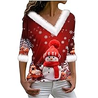 Women's Casual V Neck Plush Tops Cute Santa Claus Snowman Graphic Shirt Long Sleeve Tunics Xmas Going Out Dressy Blouse