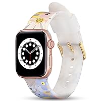 Marguerite Metallic Gold Finish Clasp with Flexible Stretchy Strap Luxury Floral Soft Wristband Replacement for Apple Watch Series 9 8 7 6 5 4 3 2 1 SE