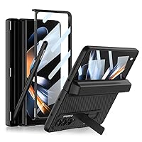 Z Fold 4 Case Hinge Protection Cover with Kickstand and S Pen Holder Case for Samsung Galaxy Z Fold 4 5g Built-in 9H Tempered Glass Screen Protector Cover - Carbon Fiber