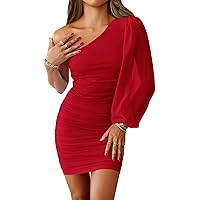 BTFBM Women One Shoulder Ruched Bodycon Mini Dress Puff Long Sleeve 2024 Spring Summer Club Party Cocktail Short Dresses
