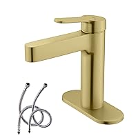 KENES Brushed Gold Single Hole Bathroom Faucet Modern Single Handle Bathroom Sink Faucet with Deck Plate, Lavatory Stainless Steel Faucet Vanity Sink Faucet Supply Lines Included, KE-9010-4