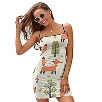 Cute Little Foxes and Trees Mini Dresses for Women Adjustable Strap Sexy Cross Tie Backless Sundress
