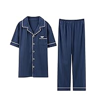 Men's Cotton Pajamas Sets Short Sleeves Button-Down Sleepwear Men's Sets Casual Cozy Loungewear Sets for Men