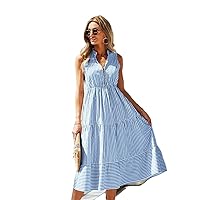 Striped Shirt Dress Women Sleeveless -Neck Long Dresses Summer Casual Buttons Beach Holiday Female Clothing