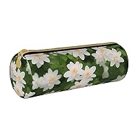 White Flower Pencil Case Bag Pouch Pu Leather Round Small Capacity Pen Pouch Storage Bag With Zipper