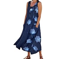 LIXIAO Linen Dresses for Women 2024 Summer Sleeveless Boho Beach Dress Linen Cotton Long Sundresses