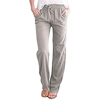 Womens Palazzo Linen Pants Wide Leg High Waisted Drawstring Casual Long Trousers Comfy Elastic Waistband Pants