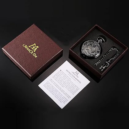 ManChDa Antique Mechanical Pocket Watches for Men Lucky Dragon Phoenix Pocket Watch with Chain Black Skeleton Dial Roman Numberals Gifts for Fathers Day