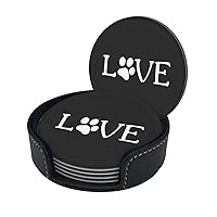 Lover Dog Paw Print Coaster,Round Leather Coasters with Storage Box for Wine Mugs,Cold Drinks and Cups Tabletop Protection (6 Piece)