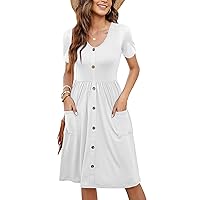 Womens Button Down Bodice Dress V Neck Casual Smocked Midi Dress Summer Fashion Solid Color Knee Length Sundress with Pockets