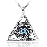 Stainless Steel Vintage Purple Evil Eye Pendant Protection Hands Triangle Pendant Necklace for Men Women, 24 inch Chain