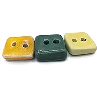 3Pc Extra Large Coat Buttons, Novelty Handmade Ceramic Sewing Supplies And Notions, Sewing Buttons For Blouse (20 mm, Square, 2 Holes, Green And Yellow)