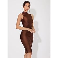 Women's Dress Mock Neck Ruched Side Bodycon Dress Dresses for Women (Color : Coffee Brown, Size : Medium)