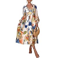Sissyaki Women's Long Sleeve Boho Floral Maxi Dress Smocked Beach Flowy Dress Multi Blue-Watercolour M
