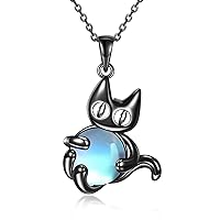 Moonstone Black Cat Necklace Sterling Silver Animal Pendant Jewelry Mother's Day Birthday Gifts for Mom Women Girls Wife Her