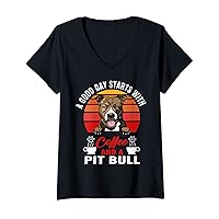 Womens A Good Day Starts With Coffee And A Pit Bull Dog Lovers V-Neck T-Shirt
