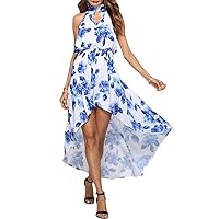 Womens Sexy Sleeveless Keyhole Flowy High Low Midi Boho Dress Asymmetric Swing Long Floral A-Line Beach Dress