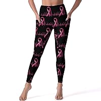 Breast Cancer Heartbeat Ribbon Women's Yoga Pants with Pockets High Waisted Workout Running Leggings
