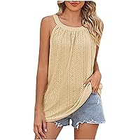 Tank Top for Women Loose Fit Sleeveless High Neck Tops Summer Casual Pleated Eyelet Flowy Cami Shirts Blouses