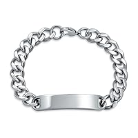 Bling Jewelry Identification Tag Name Plated Curb Cuban Link Chain ID Bracelet For Men Personalized Name Engraved Silver Tone Stainless Steel 7.5, 8, 8.5 Inch