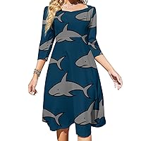 Cartoon Sharks Women's 3/4 Sleeve Dress Casual Midi Dresses Tie Backless Swing Sundress