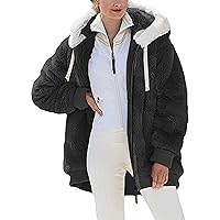 Womens Faux Fur Jacket Winter Furry Hooded Coat Zip Up Jackets with Pockets Loose Pea Coats Thicken Warm Clothes