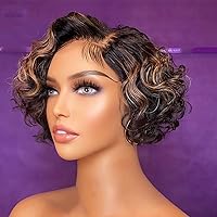 Ombre Highlight Blonde Short Pixie Cut 13X4 HD Invisible Lace Frontal Human Hair Wig for Women #1B/30 Color Curly Bob Wig Pre Plucked with Bleached Side Part Wigs 150% Density 10inch