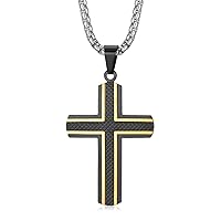 Men's Stainless Steel Cross Necklace,Two-Tone Black & Blue Carbon Fiber Pendant - Included Gift Box