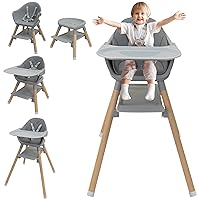 6 and 1 Wooden High Chair, High Chairs for Babies and Toddlers, Baby Highchairs with Adjustable Legs&Washable Tray,5-Point Harness, PU Cushion and Footrest for Baby, Toddlers,Girl, Boy
