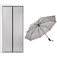 Gorilla Grip Magnetic Screen Door and Compact Umbrella, Magnet Closure Curtain in 39x83 Inch Mosquito Repellant in Black, Umbrellas for Travel Easily Collapsible in Gray, 2 Item Bundle