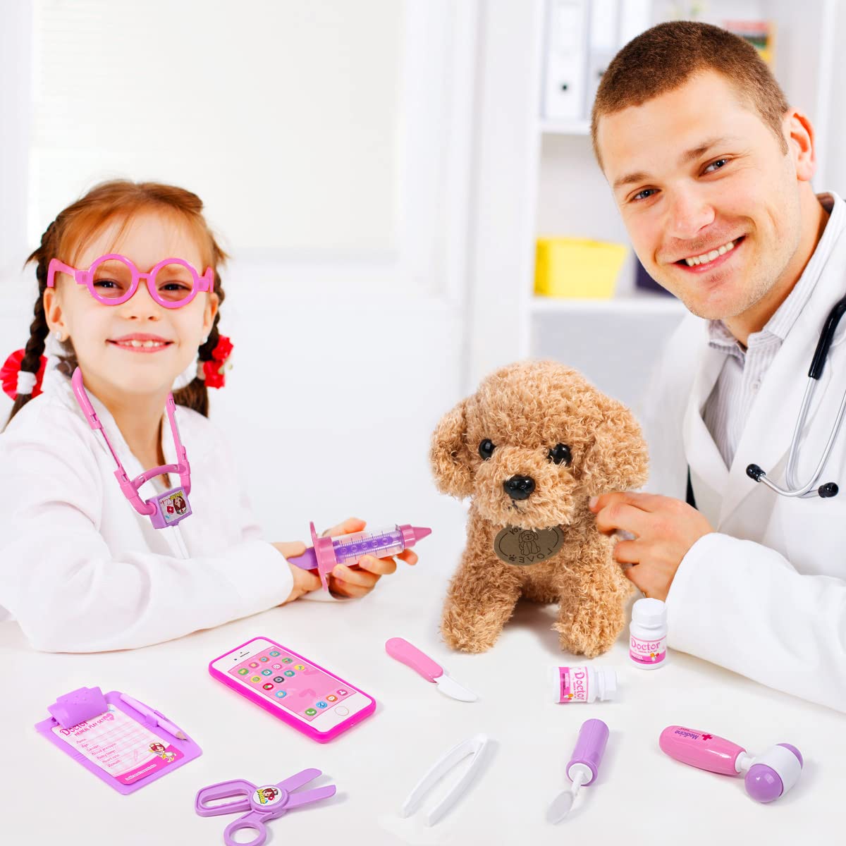 Meland Toy Doctor Kit for Girls - Pretend Play Doctor Set with Dog Toy, Carrying Bag, Electronic Stethoscope & Dress Up Costume - Doctor Play Gift for Kids Toddlers Ages 3 4 5 6 Year Old for Role Play
