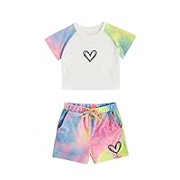 SOLY HUX Girl's Colorblock Heart Print Raglan Short Sleeve T Shirt and Shorts 2 Piece Summer Outfit White Tie Dye 5T
