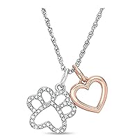 14k Two Tone Gold Plated 925 Sterling Silver 0.20 Ct Round Cut Created White Diamond Dog Paw Heart Pendant Necklace