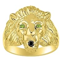 Rylos Mens Rings 14K Yellow Gold Lion Head Ring Genuine Black Diamond Mouth & Gemstone Colorstones in Eyes Fun Designer Rings For Men Men's Rings Gold Rings Sizes 6,7,8,9,10,11,12,13 Mens Jewelry