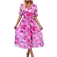 Womens Pink Floral Dress for Wedding Guest Summer Puff Sleeve Midi Flowy Dress V Neck Casual Boho Tea Party Dresses