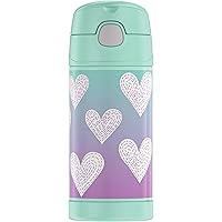 THERMOS FUNTAINER 12 Ounce Stainless Steel Vacuum Insulated Kids Straw Bottle, Purple Hearts