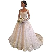 Tsbridal Women Scoop Neck A-line Long Sleeve Lace Wedding Dresses Button Back Appliques Bridal Bridal Gowns