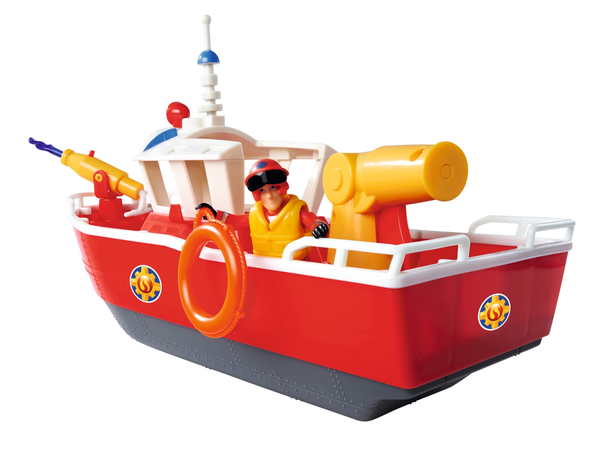 Simba 109252580 - Firefighter Sam Fire Boat Titan 32 cm Floating Toy Boat, from 3 Years, You can Play with it Both on Land and in Water, Bath Toy with Firefighter Figure, Red