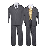7pc Formal Boys Dark Gray Suits Extra Satin Gold Vest Necktie Set S-20 (14)