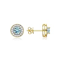 Yellow Gold Plated Silver Halo Stud Earrings - 4MM Round Gemstone & Diamonds - Exquisite Birthstone Jewelry for Women & Girls