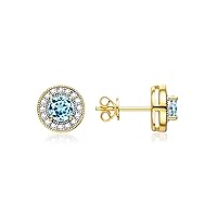 RYLOS Yellow Gold Plated Silver Halo Stud Earrings - 4MM Round Gemstone & Diamonds - Exquisite Birthstone Jewelry for Women & Girls