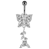 Clear CZ Gemstone Fancy Butterfly with Leaf Dangling 925 Sterling Silver with Grade 23 Solid Titanium Belly Button Ring