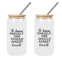 2 Pack Glasses with Lids And Straws To Know Oneself, One Should Assert Oneself Glass Cup Drinking Glasses Gift for Mom Cups Great For for Women Men Teacher