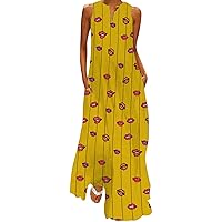 Funny Lipprint Print Maxi Dress Women Sleeveless V Neck Tank Dress Summer Plus Size Long Beach Sundress with Pocket