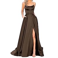 Women's Spaghetti Straps Backless Prom Dress Sexy High Split Ruched Floor Length Wedding Bridesmaid Ball Gowns